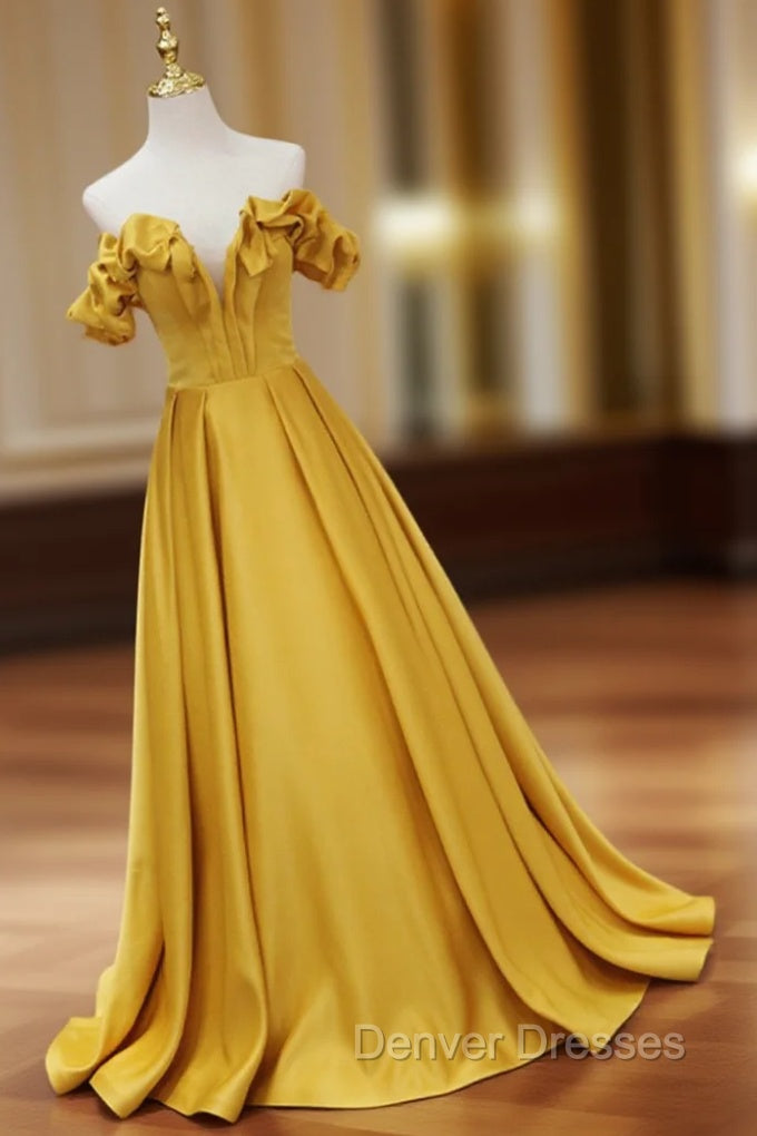 Gold Satin A-line Sweetheart Long Junior Prom Dress, Floor Length Satin Evening Dress Main image