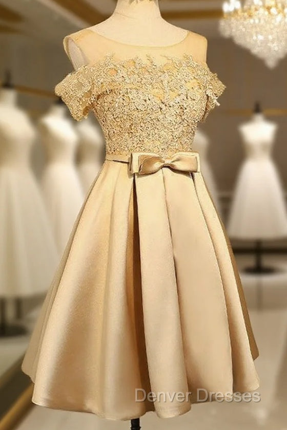 Gold Satin Appliques With Bow Homecoming Dress Main image