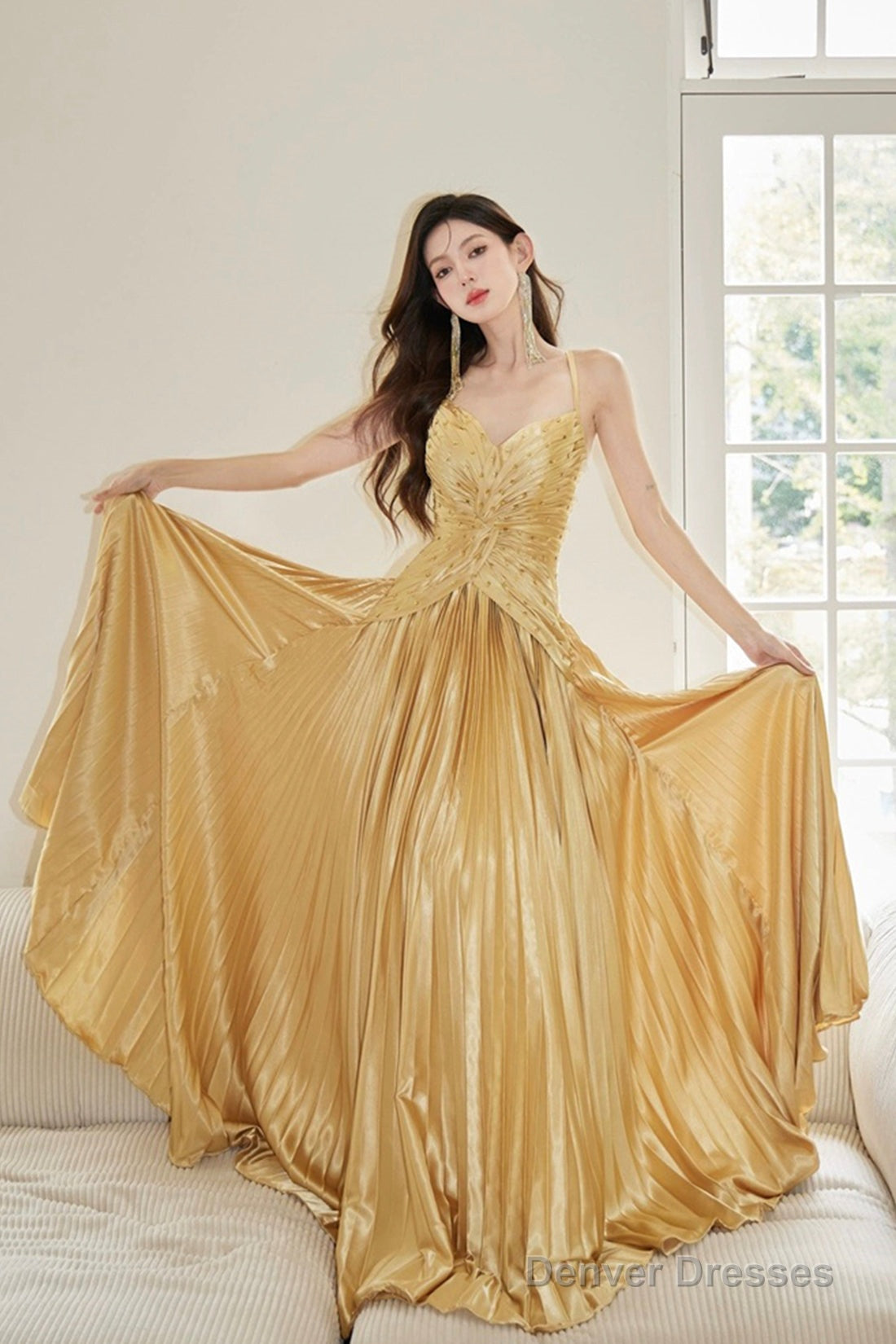 Gold Satin Long Backless Prom Dress, A-Line Spaghetti Strap Evening Party Dress