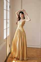 Gold Satin Long Backless Prom Dress, A-Line Spaghetti Strap Evening Party Dress