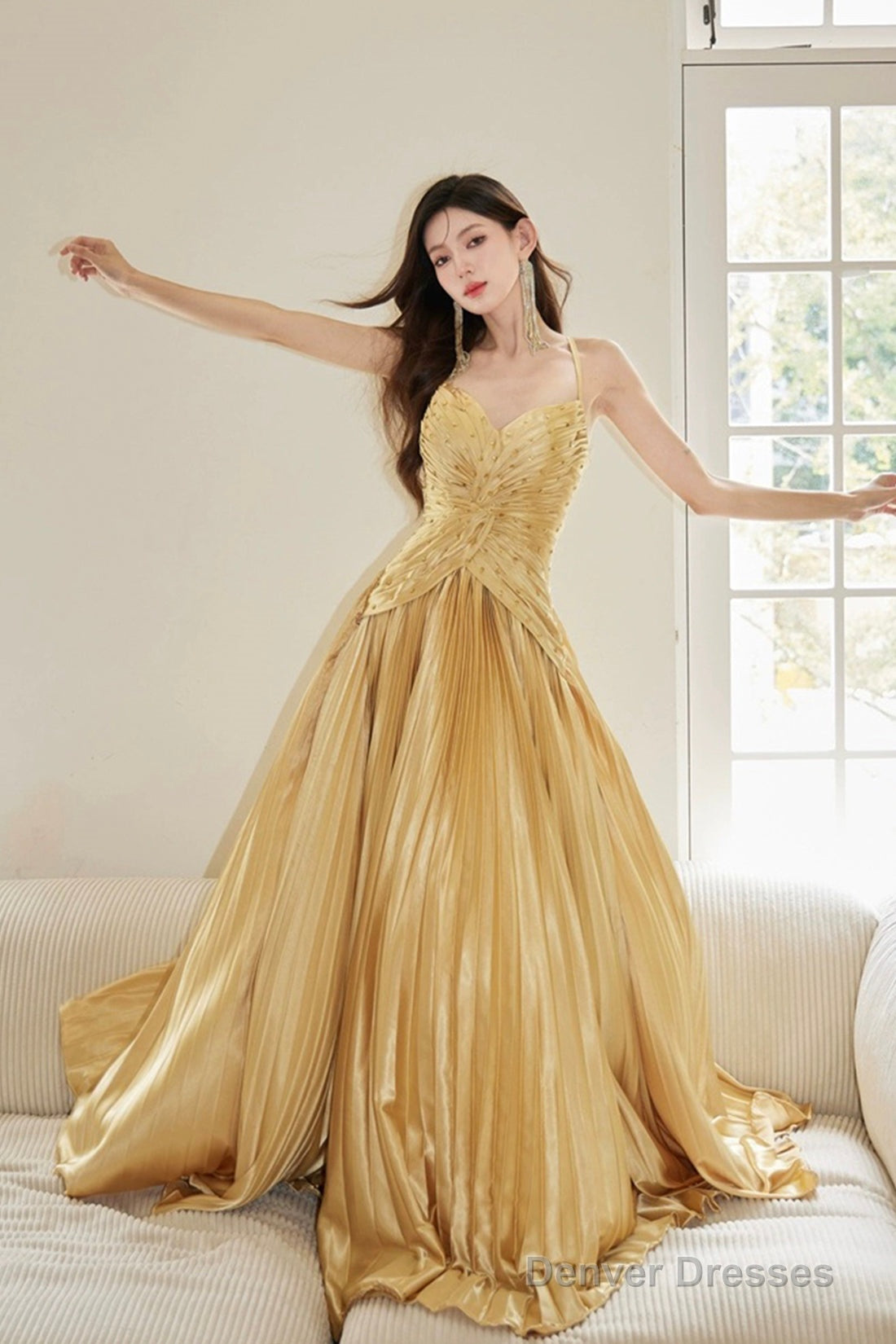 Gold Satin Long Backless Prom Dress, A-Line Spaghetti Strap Evening Party Dress Main image