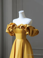 Gold Satin Long Prom Dress, Off Shoulder A-Line Formal Evening Dresses