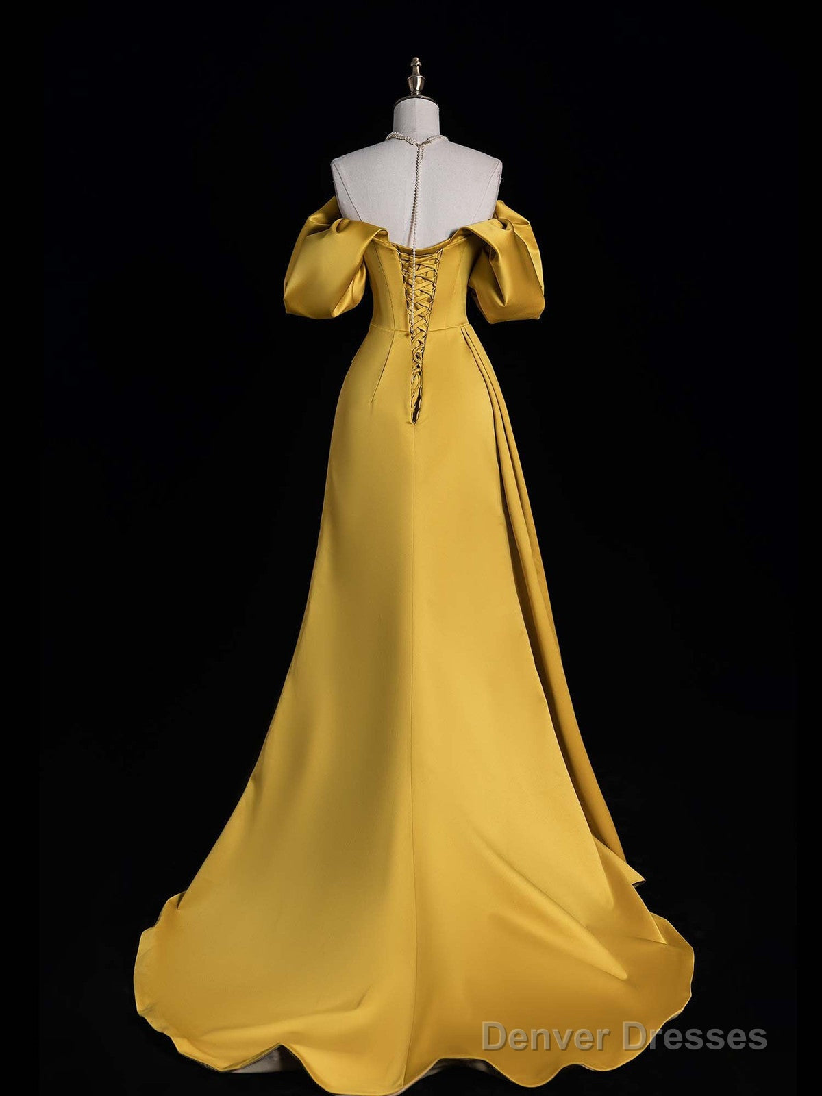 Gold Satin Off Shoulder A-Line Party Dress Prom Dress, Gold Satin Party Dress