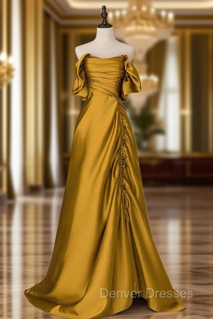 Gold Satin Off Shoulder Long Evening Dress, Gold Satin Prom Dress Main image