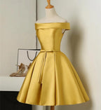 Gold Satin Off Shoulder Short Formal Dress , Lovely Formal Dress