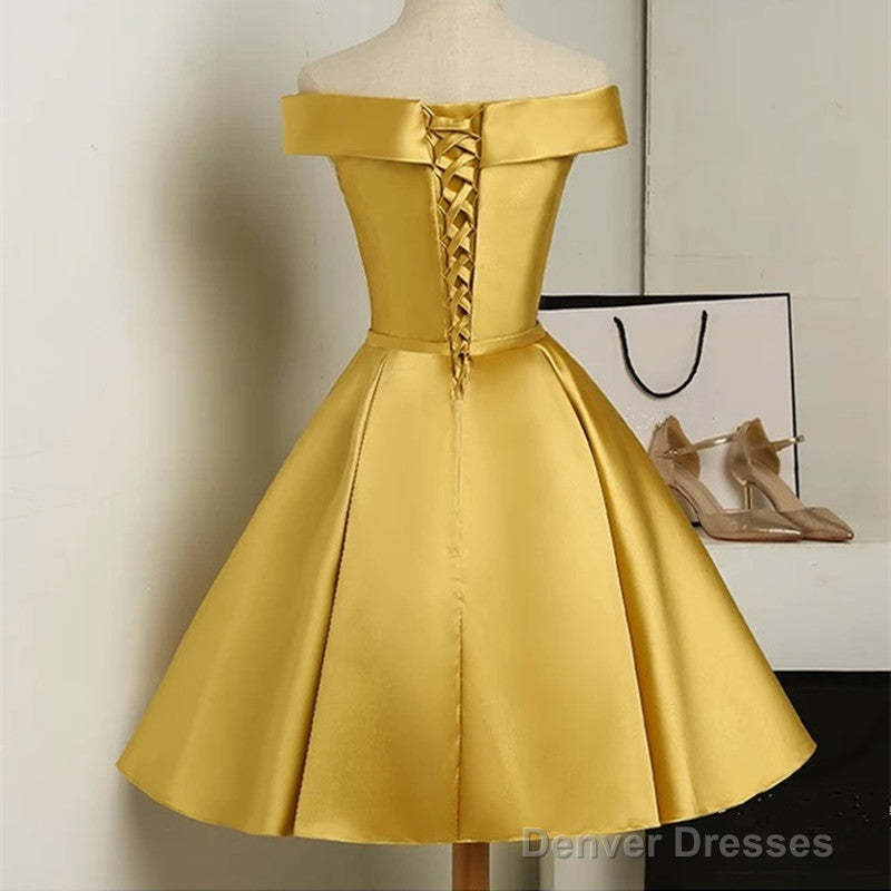 Gold Satin Off Shoulder Short Formal Dress , Lovely Formal Dresses