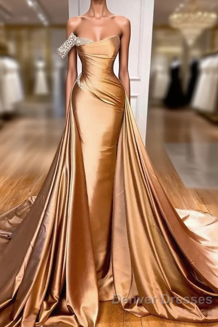Gold Satin One Shoulder Overskirt  Prom Dress