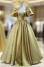 Gold Satin Puff Sleeve V-neck Prom Dress