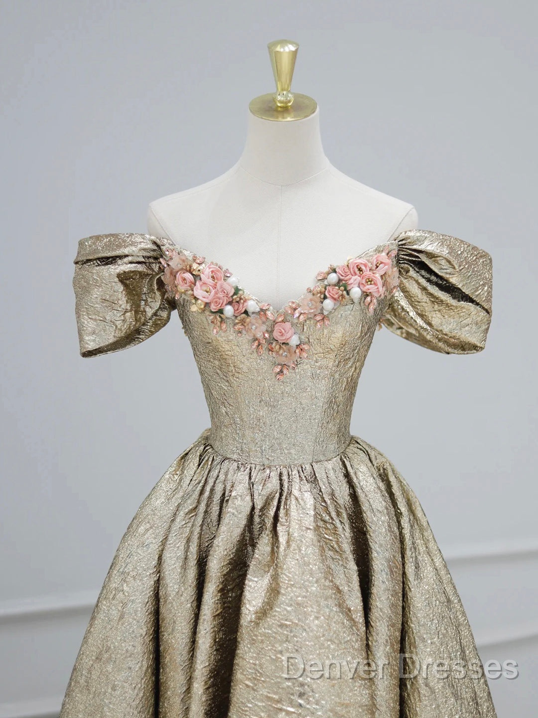 Gold Satin V-Neck Long Prom Dress With Flowers, Off The Shoulder A-Line Formal Dress Secondary image