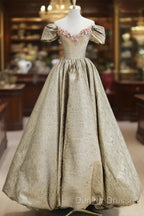 Gold Satin V-Neck Long Prom Dress With Flowers, Off The Shoulder A-Line Formal Dress