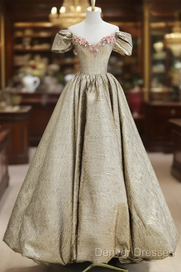 Gold Satin V-Neck Long Prom Dress With Flowers, Off The Shoulder A-Line Formal Dress