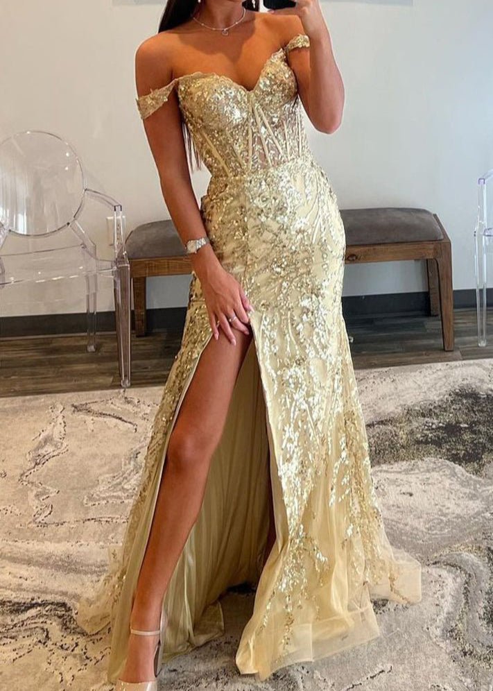 Gold Sequin Lace Off the Shoulder Mermaid Prom Dress Main image