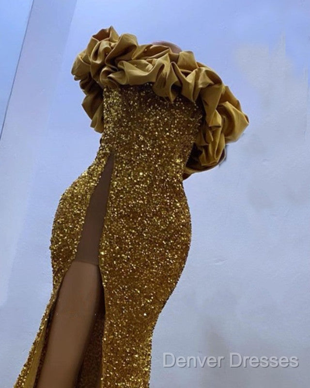Gold Sequin Mermaid Strapless Split Prom Dress
