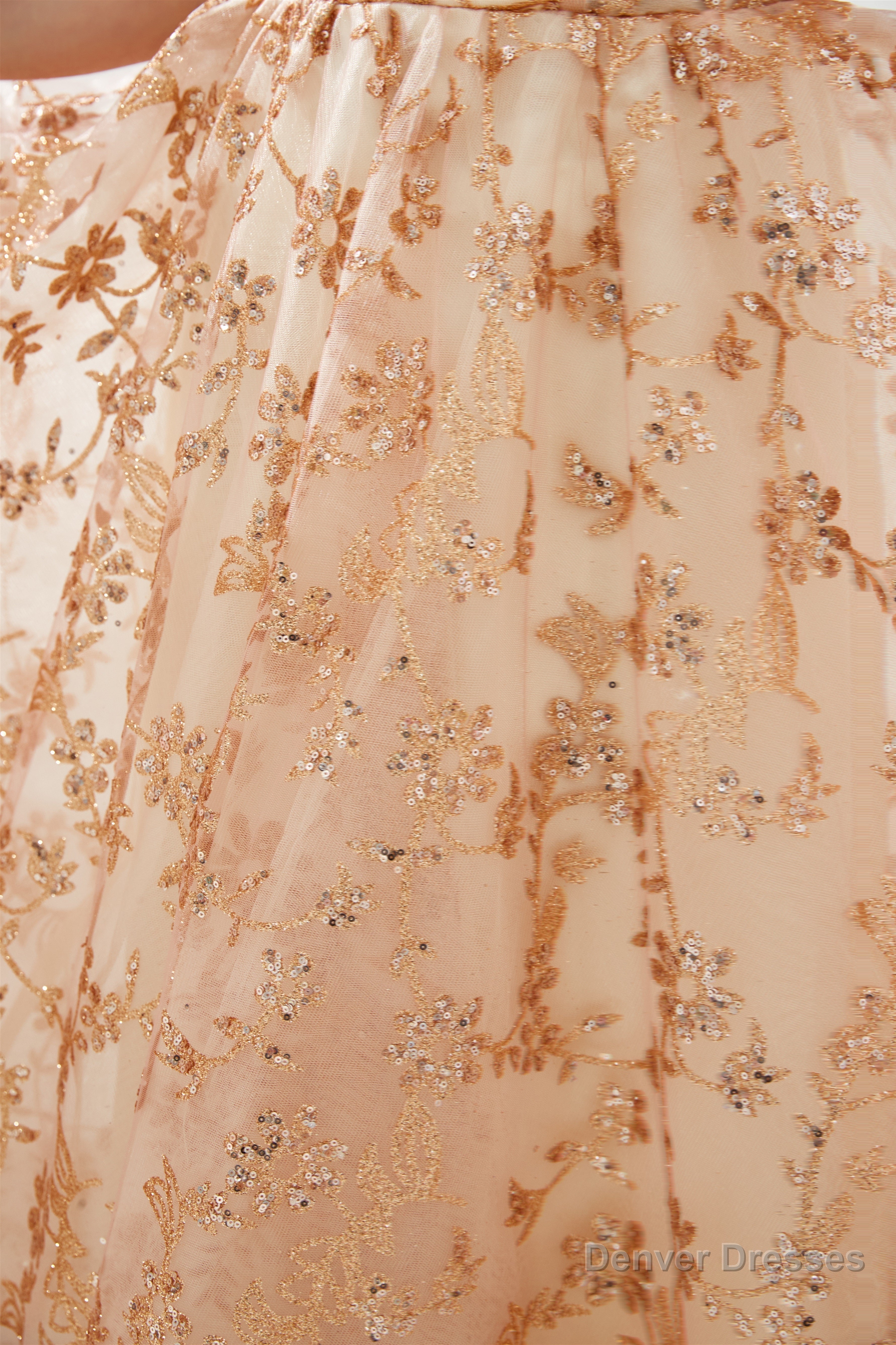 Gold Sequin Off the Shoulder A-line Floor Length Lace Prom Dresses