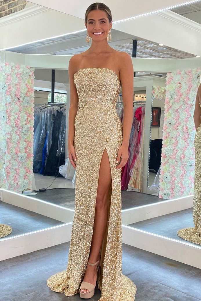 Gold Sequin Strapless Backless Mermaid Long Prom Dress With Slit Main image