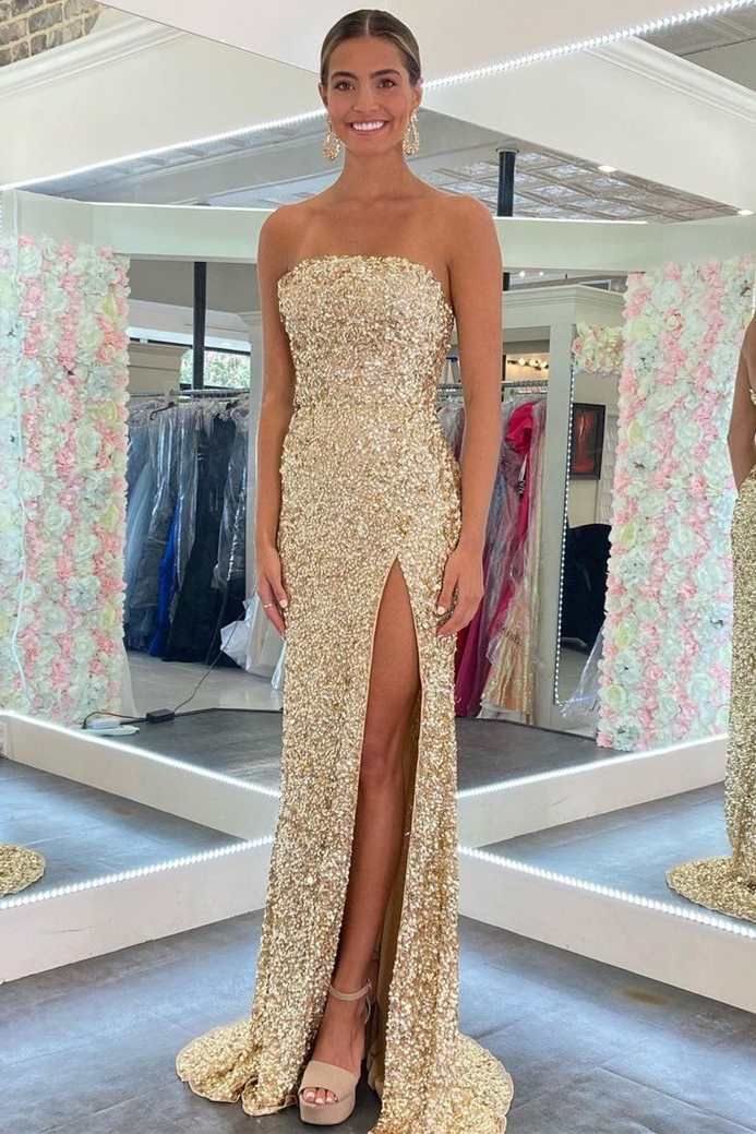 Gold Sequin Strapless Backless Mermaid Prom Dress Main image