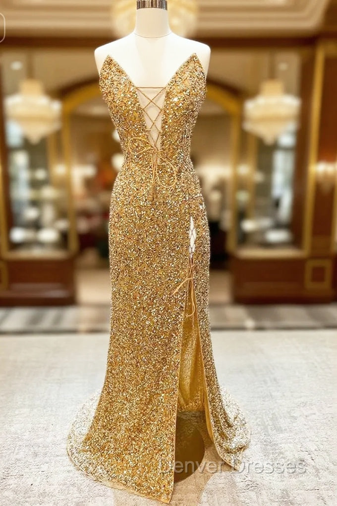 Gold Sequin Strapless Lace-Up Front Long Prom Dress with Slit