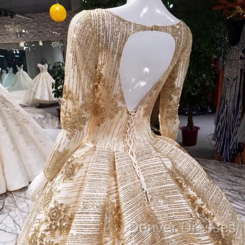 Gold Sequins Ball Gown Wedding Dress Long Sleeves Open Back