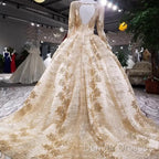 Gold Sequins Ball Gown Wedding Dress Long Sleeves Open Back