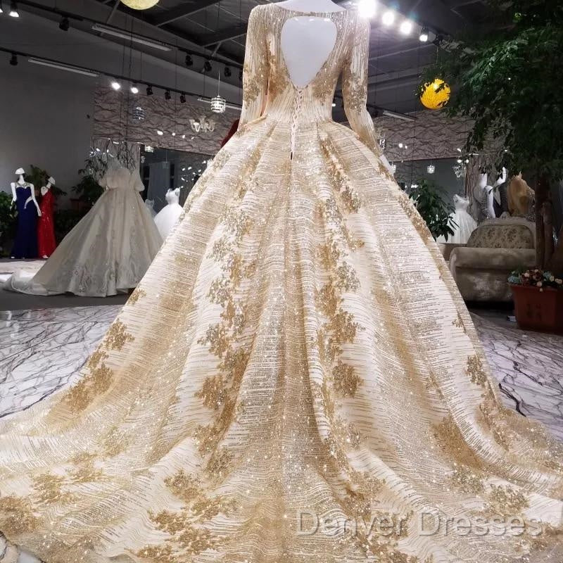 Gold Sequins Ball Gown Wedding Dress Long Sleeves Open Back