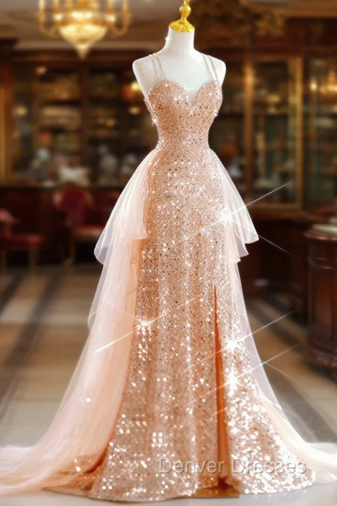 Gold Sequins Douber Straps Prom Dress