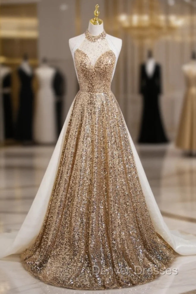 Gold Sequins Halter Backless Beading Prom Dress