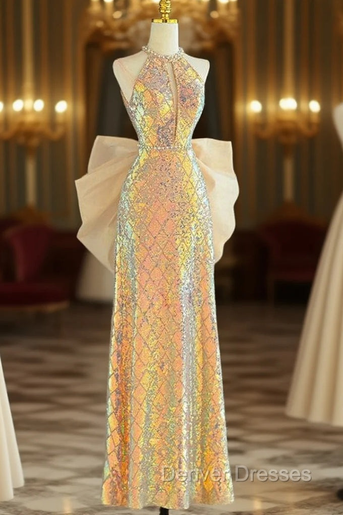 Gold Sequins Halter Backless Prom Dress