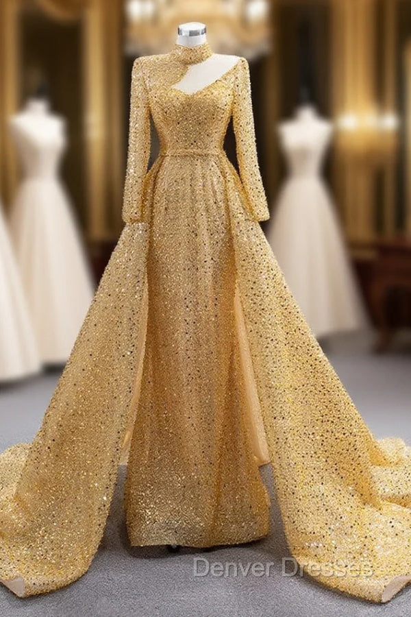 Gold Sequins High Neck Long Sleeve Pearls Prom Dress