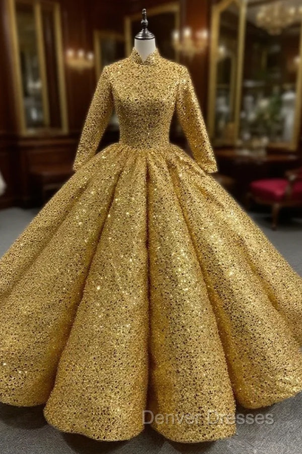 Gold Sequins High Neck Long Sleeve Prom Dress Main image