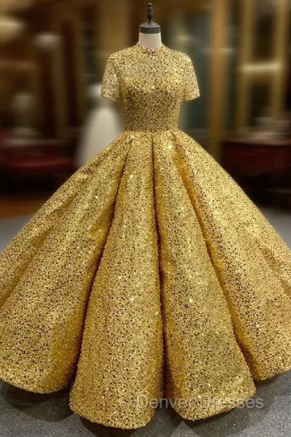 Gold Sequins High Neck Short Sleeve Prom Dress Main image