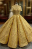 Gold Sequins High Neck Short Sleeve Prom Dress