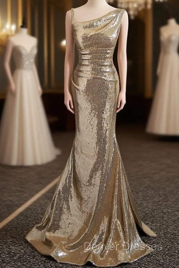 Gold Sequins Irregular Neck Pleats Prom Dress Main image