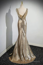 Gold Sequins Long Prom Dress, Mermaid One Shoulder Evening Party Dress