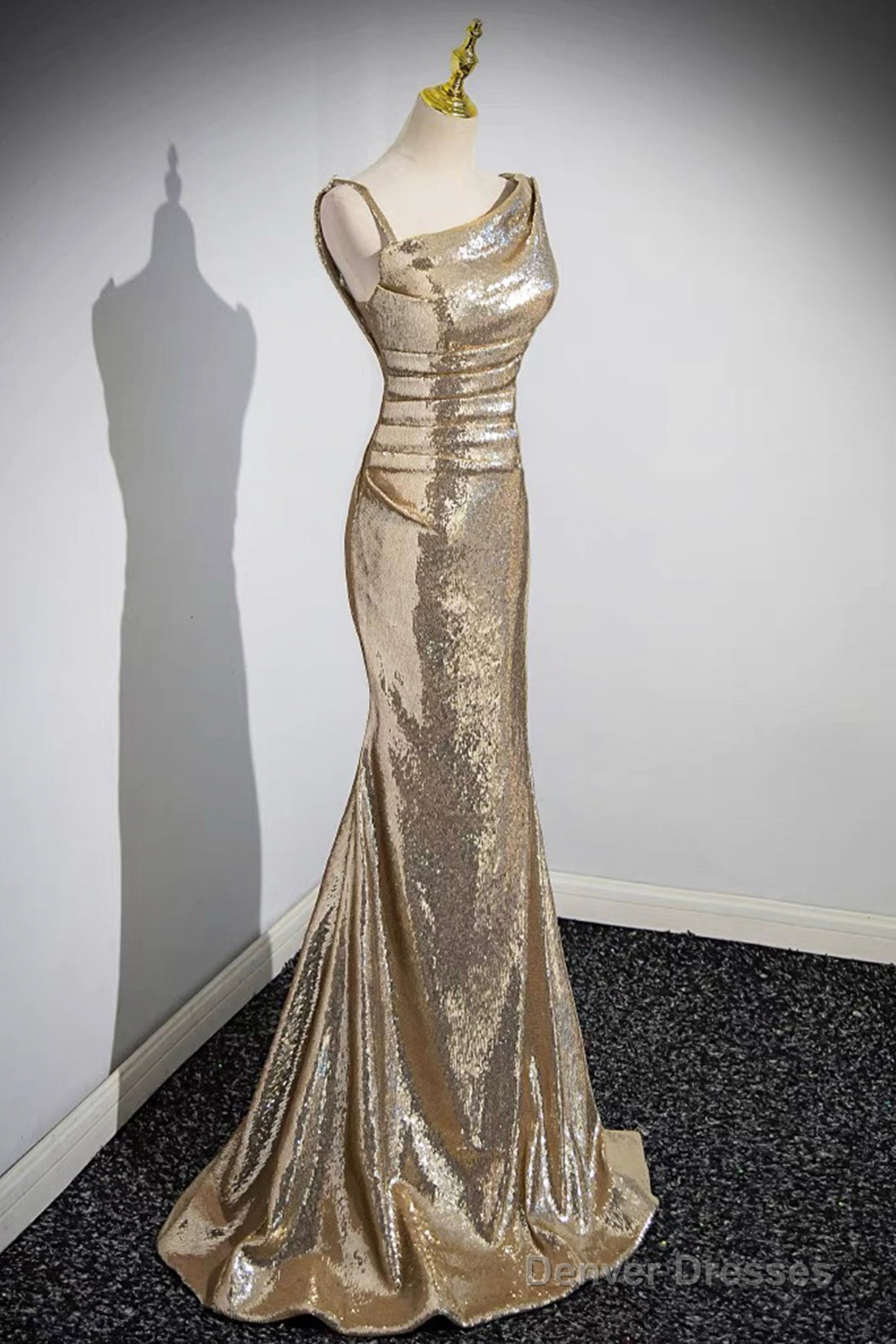 Gold Sequins Long Prom Dress, Mermaid One Shoulder Evening Party Dress