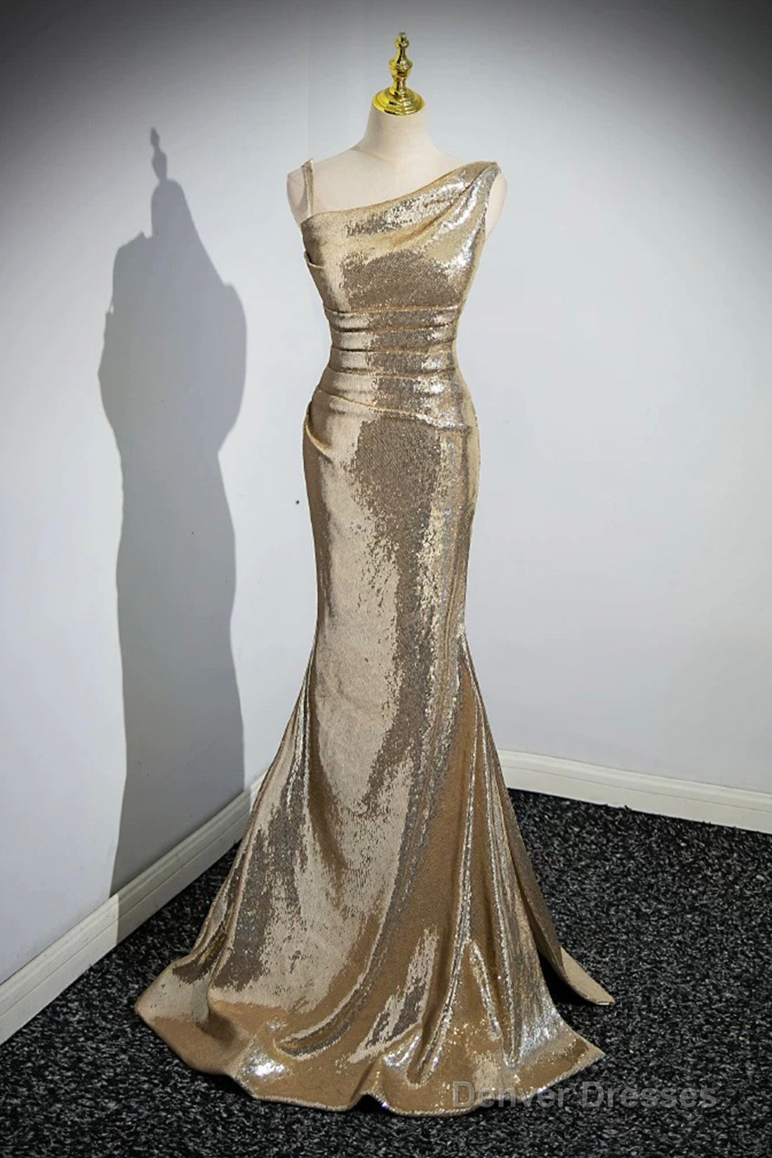Gold Sequins Long Prom Dress, Mermaid One Shoulder Evening Party Dress Main image