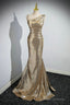 Gold Sequins Long Prom Dress, Mermaid One Shoulder Evening Party Dress