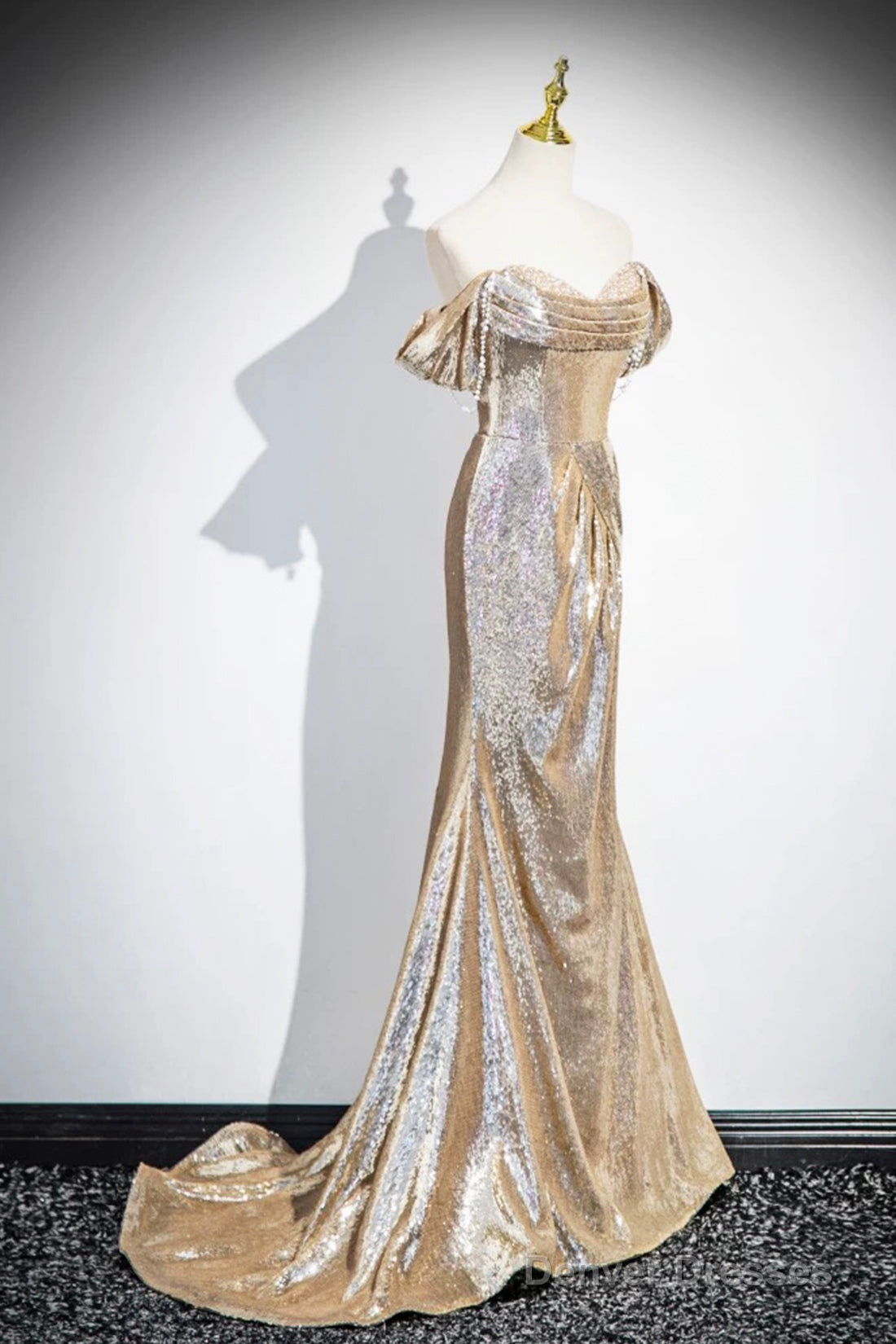 Gold Sequins Long Prom Dress, Shiny Off The Shoulder Backless Evening Party Dress Secondary image
