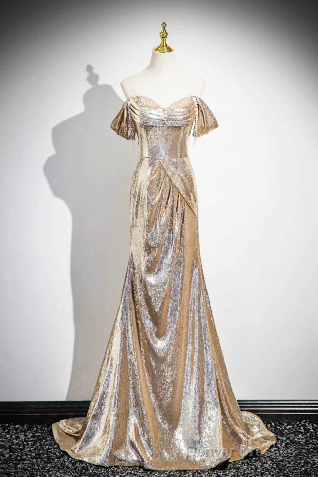 Gold Sequins Long Prom Dress, Shiny Off The Shoulder Backless Evening Party Dress Main image