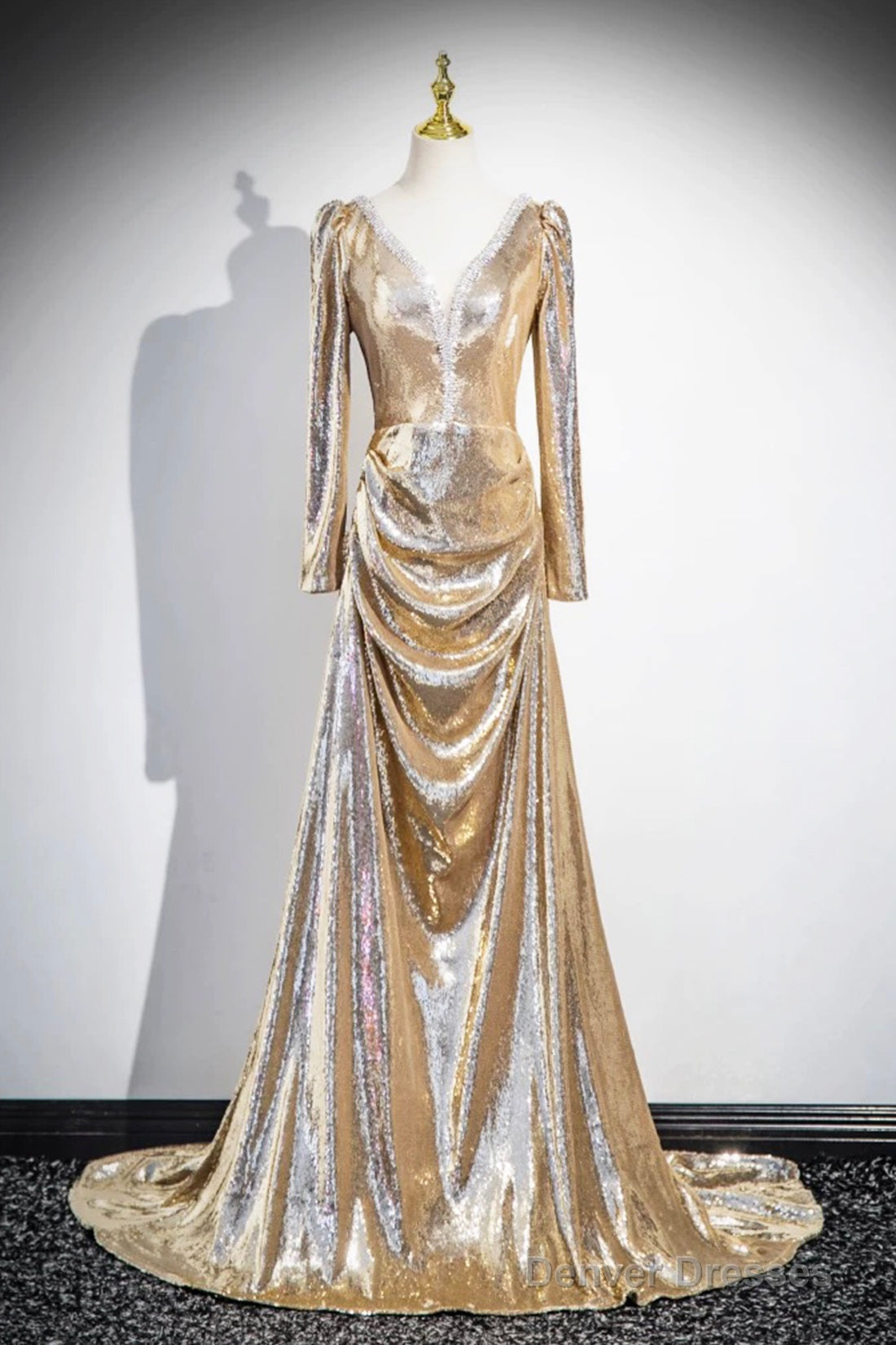 Gold Sequins Long Prom Dress, Shiny V-Neck Long Sleeve Evening Party Dress Main image