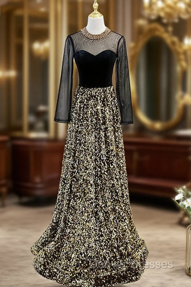 Gold Sequins Long Sleeve Backless Beading Prom Dress Main image