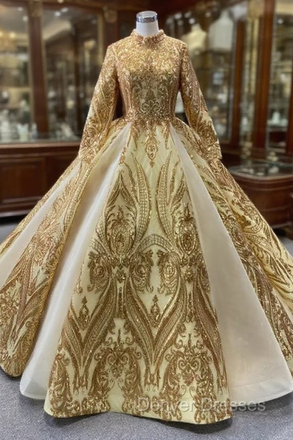Gold Sequins Long Sleeve High Neck Prom Dress