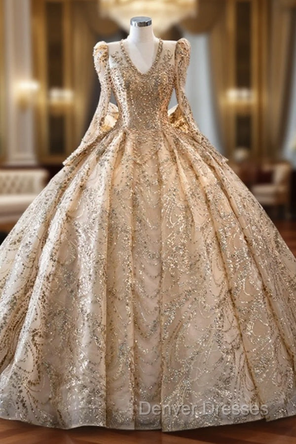 Gold Sequins Long Sleeve V-neck Prom Dress Main image