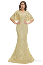Sequins Mermaid Cape Sleeves V Neck Prom Dresses