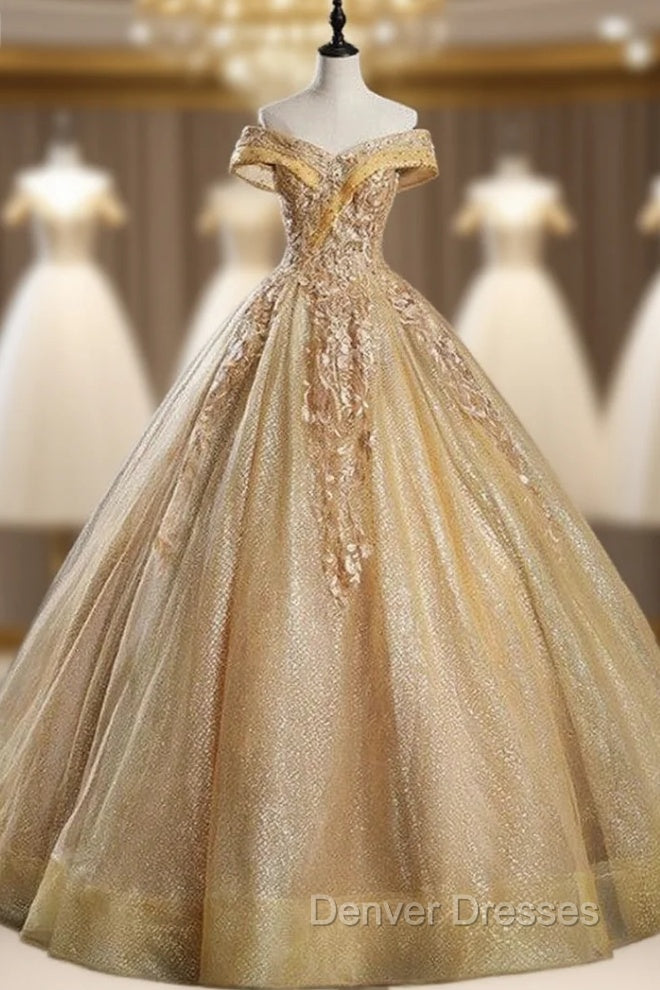 Gold Sequins Off the Shoulder Appliques Beading Quinceanera Dress Main image