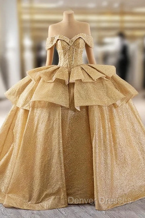 Gold Sequins Off the Shoulder Beading Prom Dress Main image