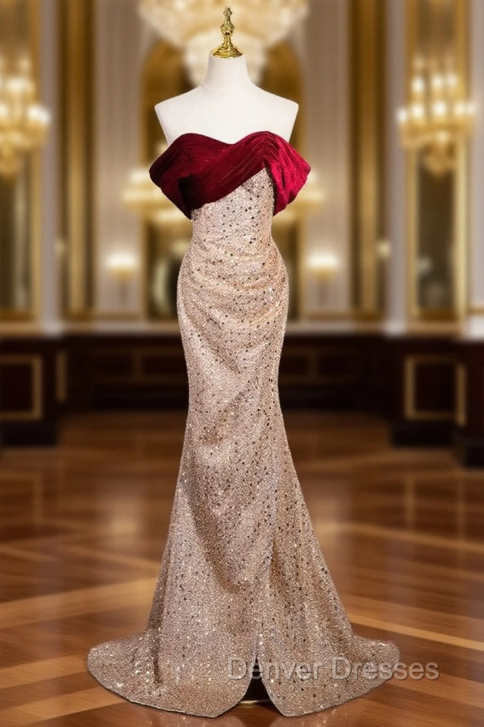 Gold Sequins Off the Shoulder Burgundy Velvet Prom Dress