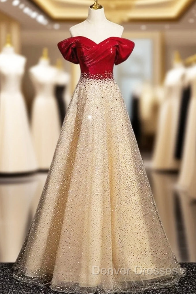 Gold Sequins Off the Shoulder Crystal Prom Dress Main image