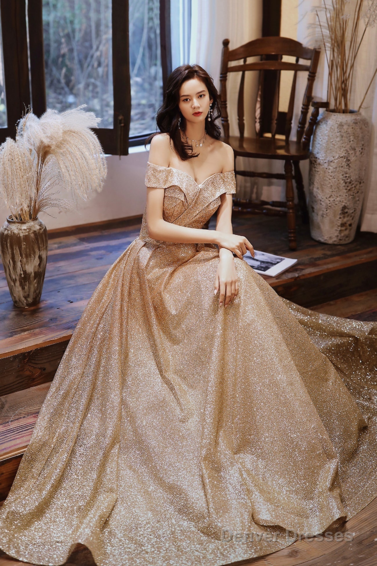 Gold Sequins Off The Shoulder Prom Dress, Shiny A-Line Evening Party Dress