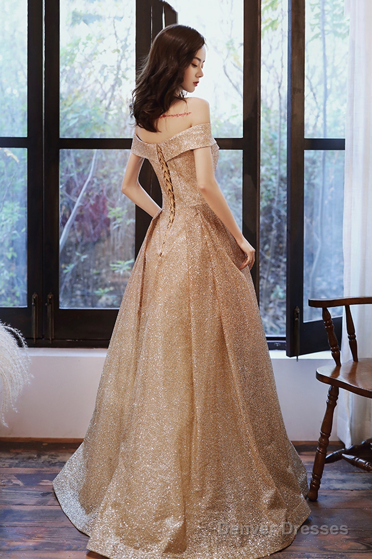 Gold Sequins Off The Shoulder Prom Dress, Shiny A-Line Evening Party Dress