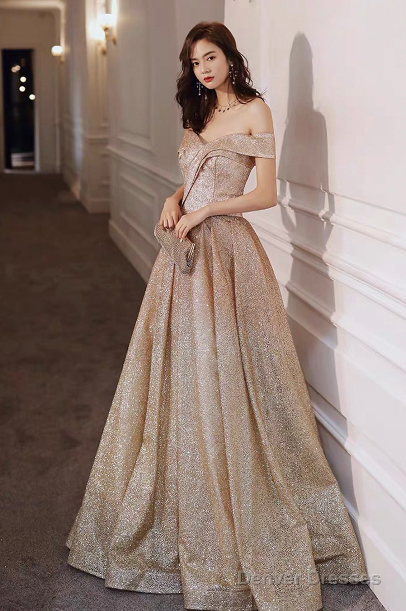 Gold Sequins Off The Shoulder Prom Dress, Shiny A-Line Evening Party Dress Main image
